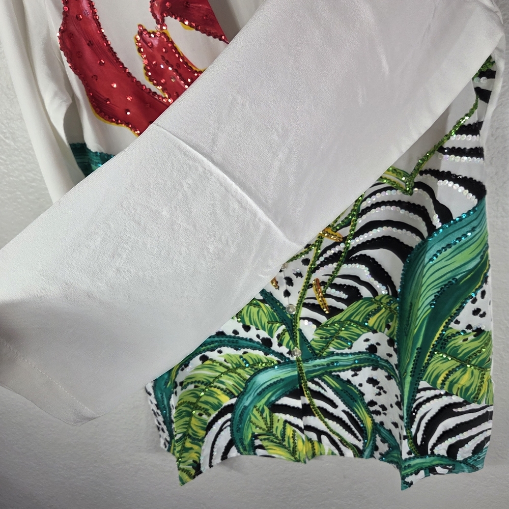 Diane Gilman Silk Beaded Vintage Size M ButtonUp Floral Tunic Blouse White Red - Picture 7 of 16